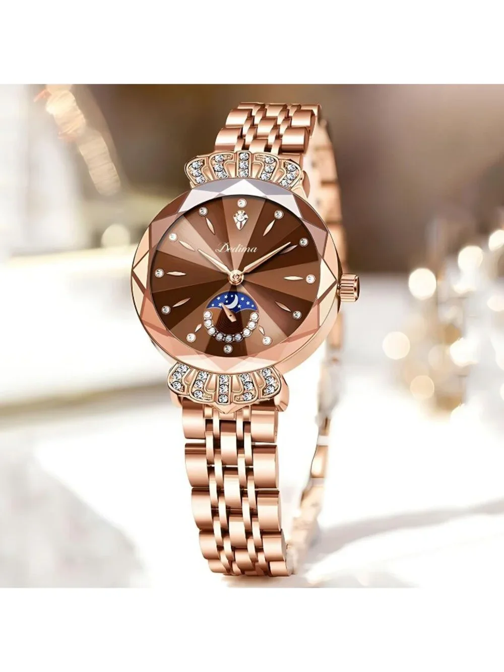 Women's Brown Steel Luxury Diamond Dial Stainless Steel Bracelet Wrist Watch